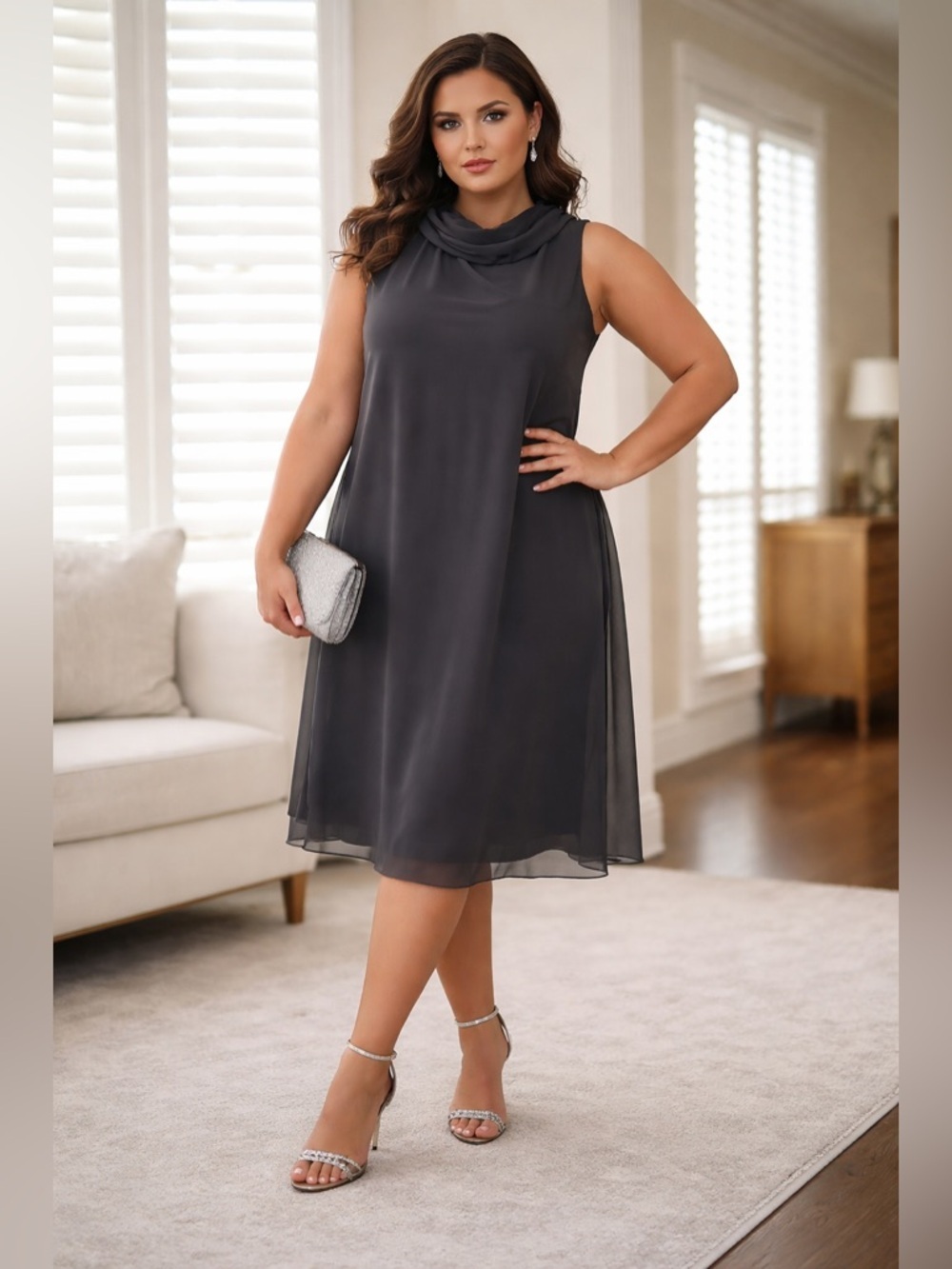 NWT | Perceptions NY | Dark Gray Midi Dress w/ Sheer Fabric Overlay - Size 16